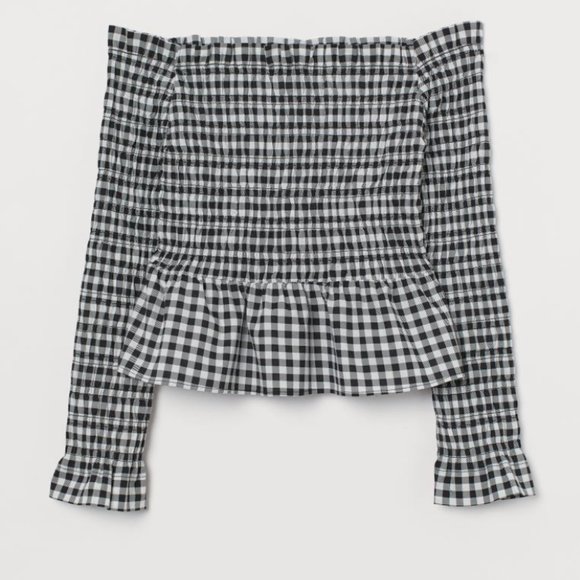 Black and White Smocked Peplum Blouse - Picture 1 of 7